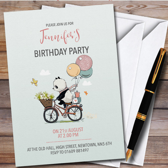 Cute Panda On Bike Personalised Children's Kids Birthday Party Invitations