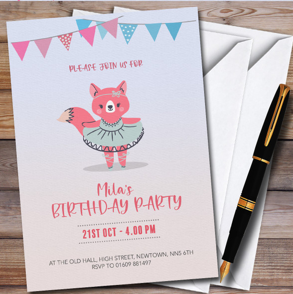Ballerina Pink Fox Personalised Children's Kids Birthday Party Invitations