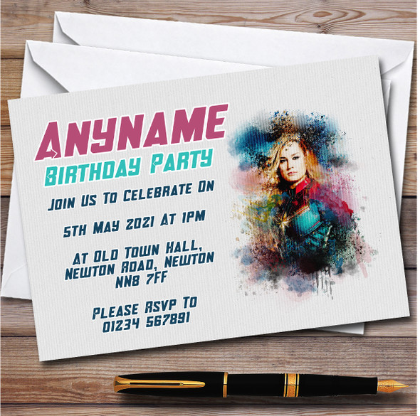 Captain Marvel Watercolour Splatter Children's Birthday Party Invitations