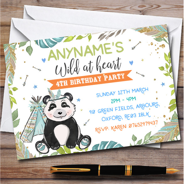 Boho Panda Tribal Personalised Children's Kids Birthday Party Invitations