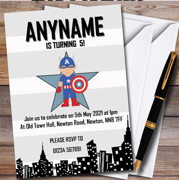 Captain America Any Age Super Hero Children's Birthday Party Invitations