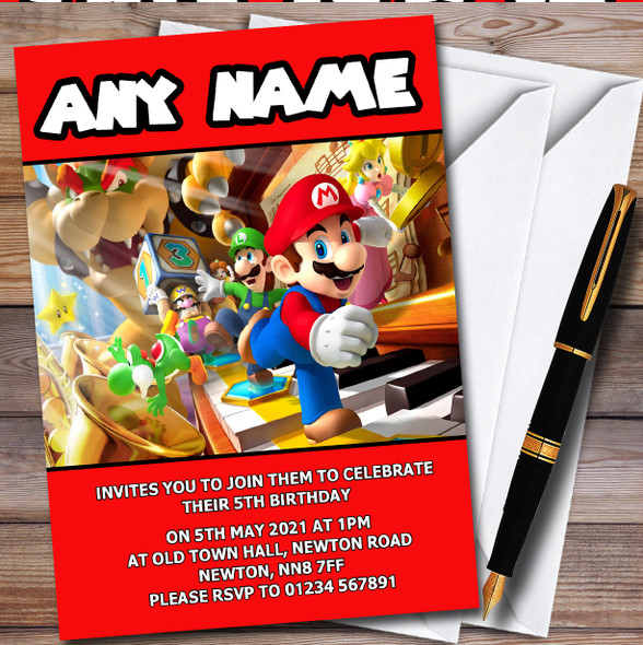 Red Super Mario Personalised Children's Kids Birthday Party Invitations