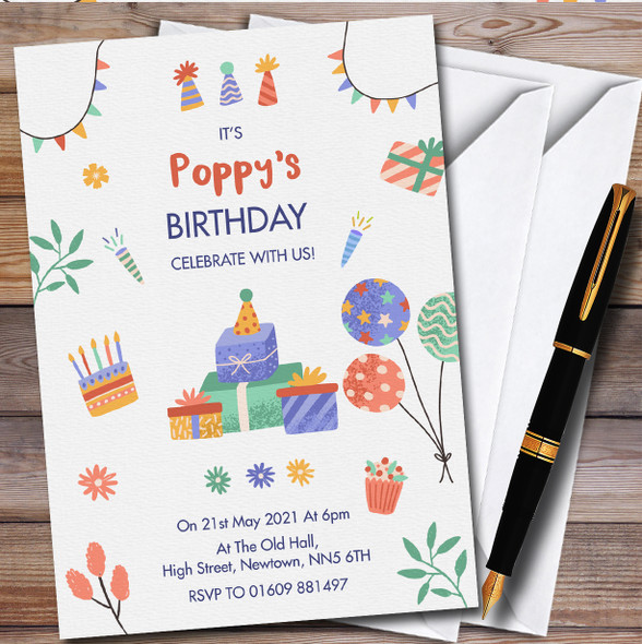 Simple Pretty Gifts And Balloons Children's Birthday Party Invitations
