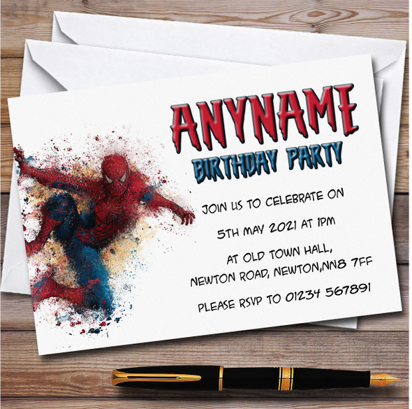 Watercolour Splatter Spider Man Children's Birthday Party Invitations
