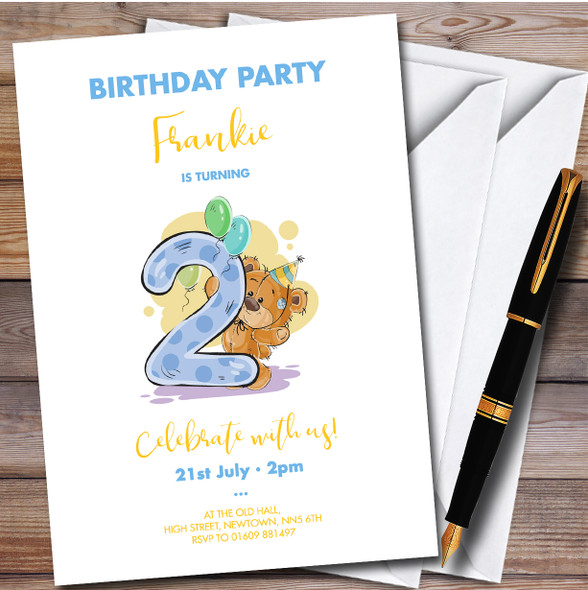 Cute Bear 2Nd Personalised Children's Kids Birthday Party Invitations