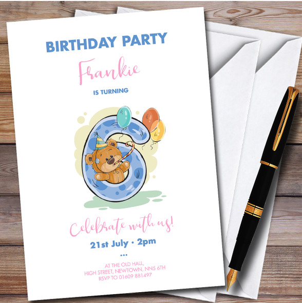 Cute Bear 6Th Personalised Children's Kids Birthday Party Invitations