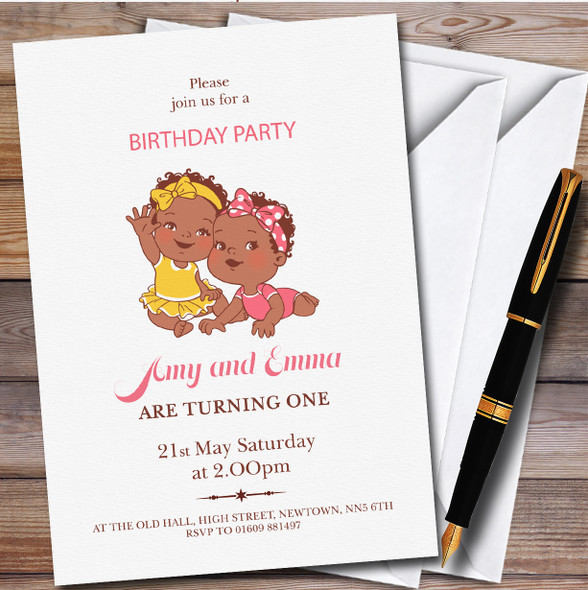 Dark Skin Two Girl Twin Babies Children's Birthday Party Invitations