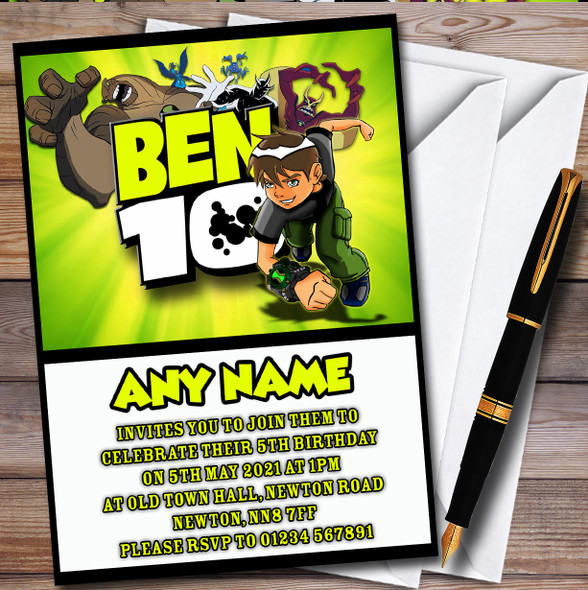Green Ben 10 Personalised Children's Kids Birthday Party Invitations