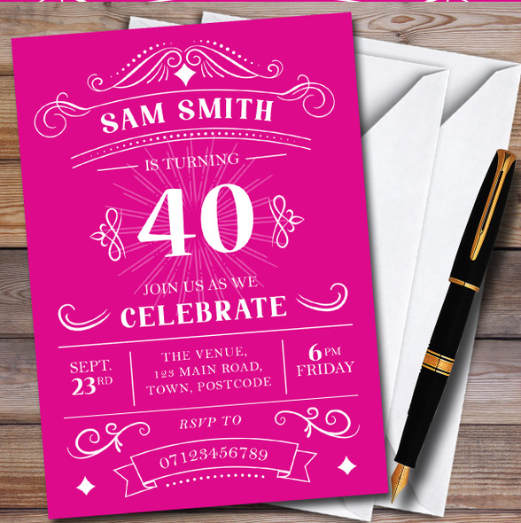 Typographic Vintage Any Age Bright Pink Personalised Birthday Party Invitations