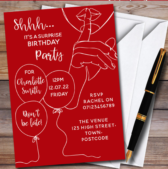 Shhh It's A Surprise Line Art Dark Red Personalised Birthday Party Invitations