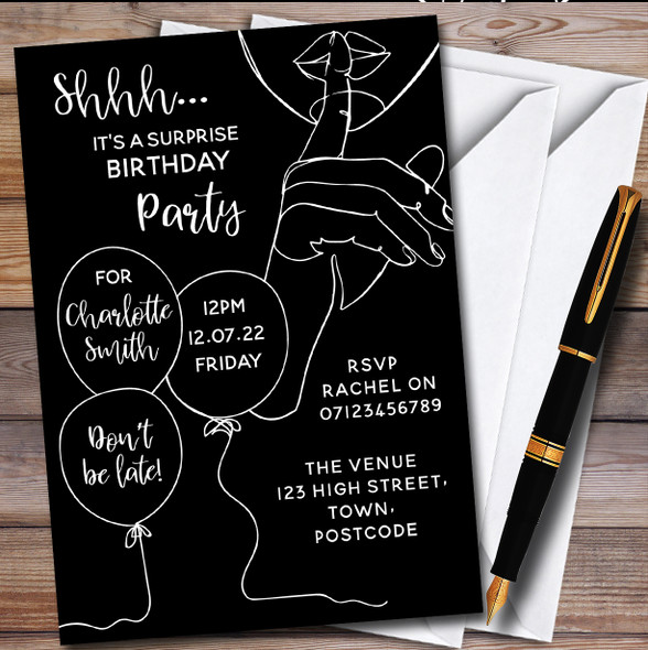 Shhh It's A Surprise Line Art Black Personalised Birthday Party Invitations