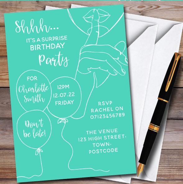 Shhh It's A Surprise Line Art Light Mint Green Birthday Party Invitations