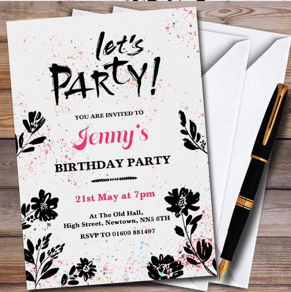 Black Flowers Colourful Splatter Personalised Birthday Party Invitations