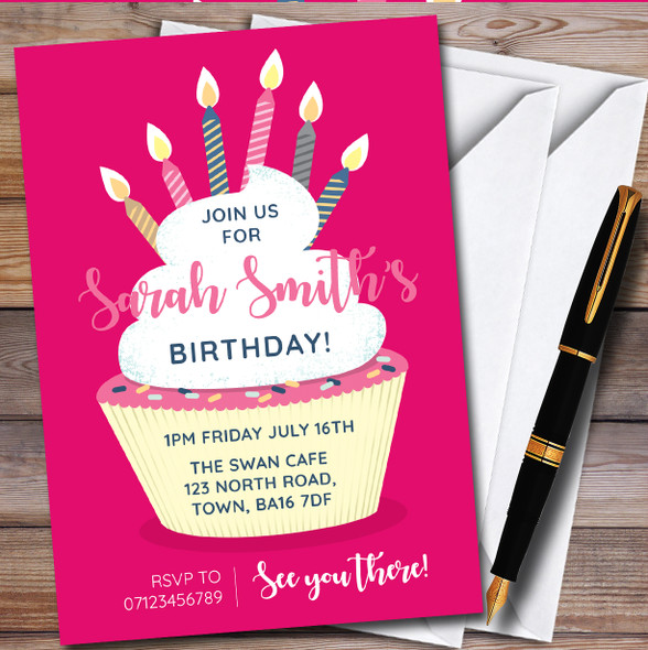 Cupcake And Candles Bright Pink Personalised Birthday Party Invitations