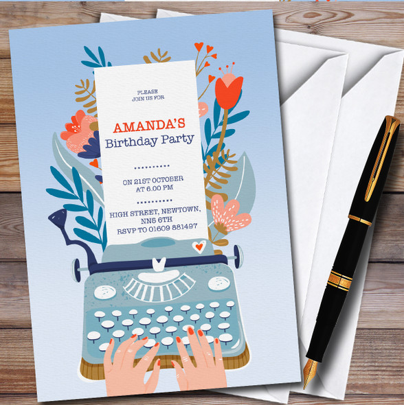 Retro Floral Vintage Typewriter Personalised Birthday Party Invitations