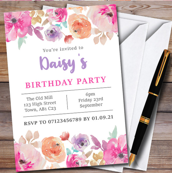 Bright Flowers Pink Top Bottom Personalised Birthday Party Invitations