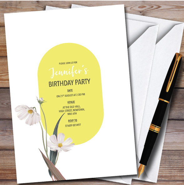 Yellow Oval White Flowers Personalised Birthday Party Invitations