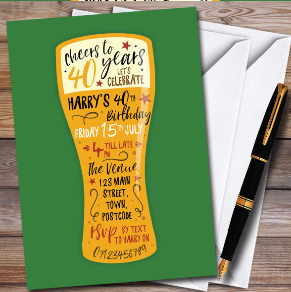 Pint Of Beer Lager Green Personalised Birthday Party Invitations