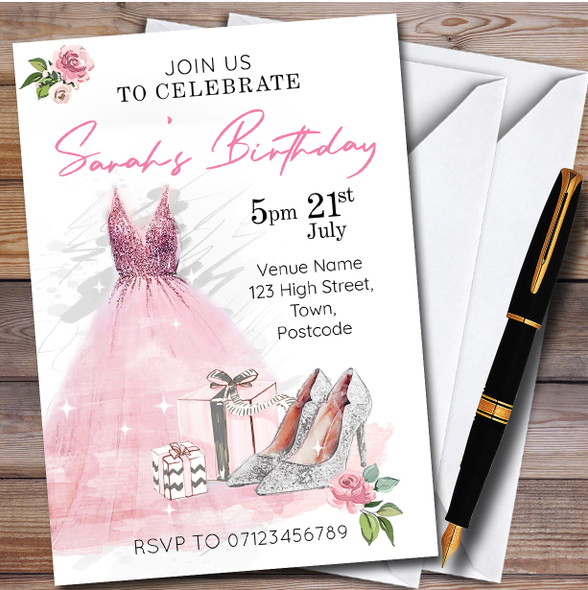Pink Dress Silver Shoes Personalised Birthday Party Invitations