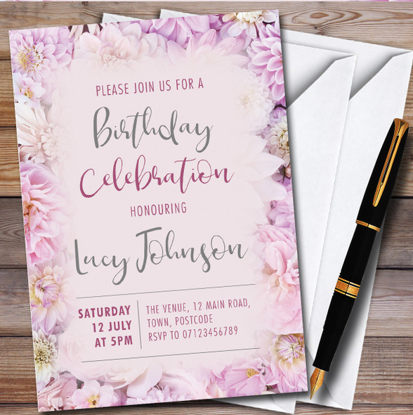 Pink & Lilac Flowers Personalised Birthday Party Invitations