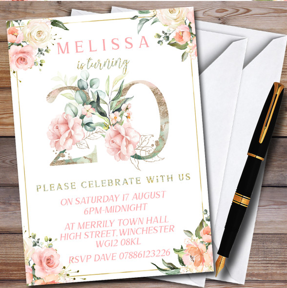 Pretty Rose Floral Chic 20Th Personalised Birthday Party Invitations