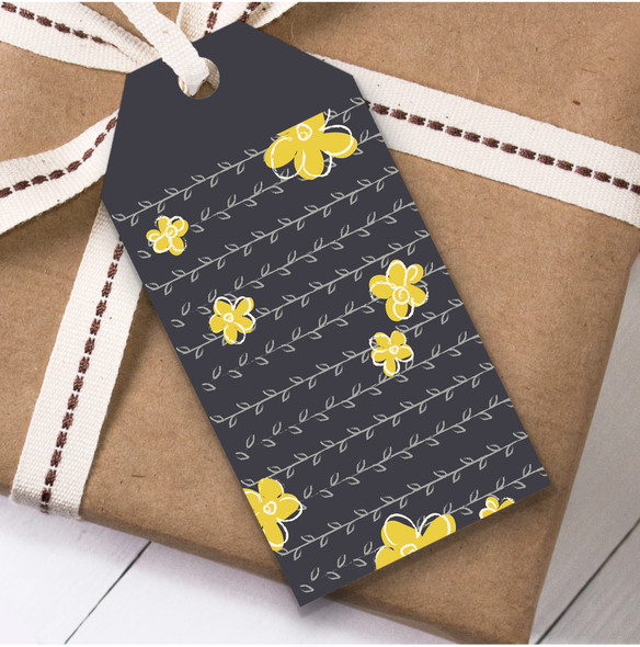 Drawn Dark Grey And Yellow Flowers Scribble Birthday Present Favor Gift Tags