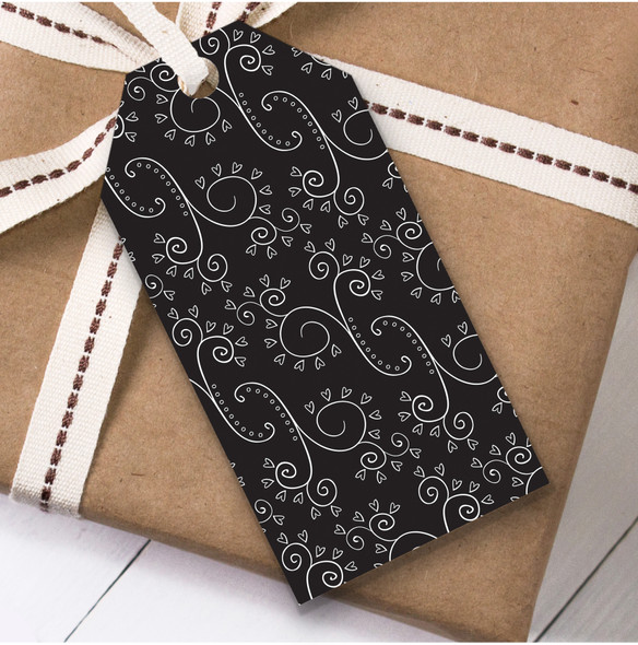 Dark Grey Swirls Mini Hearts Birthday Present Favor Gift Tags