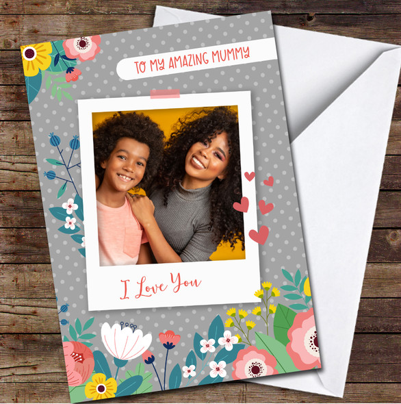 Your Photo Grey With Flowers Personalised Mother's Day Card