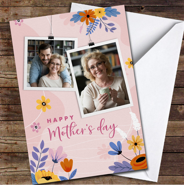 Your Photo Pink With Flowers Personalised Mother's Day Card