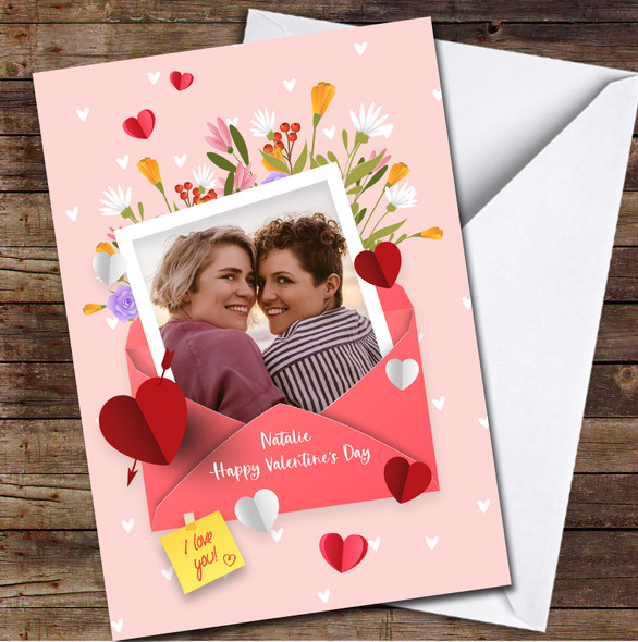 Your Photo Red Envelope Flowers And Hearts Personalised Valentine's Day Card