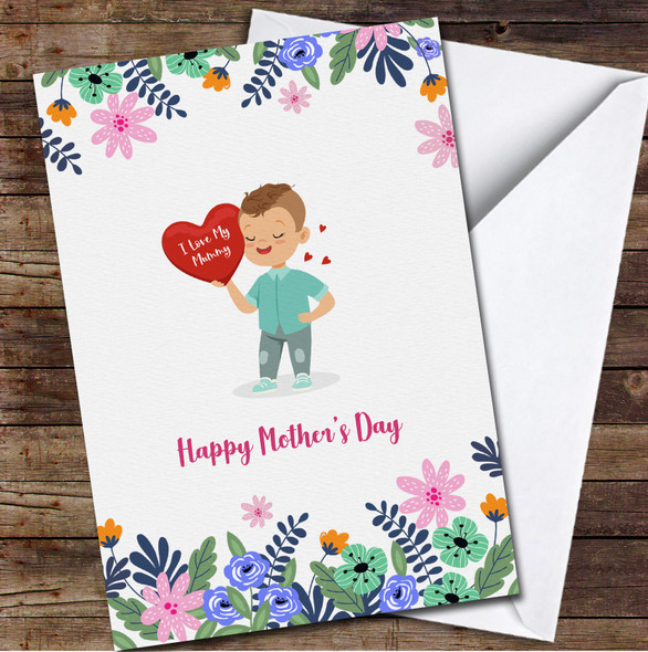 Brown Hair Boy With Red Hearts In Hands Personalised Mother's Day Card