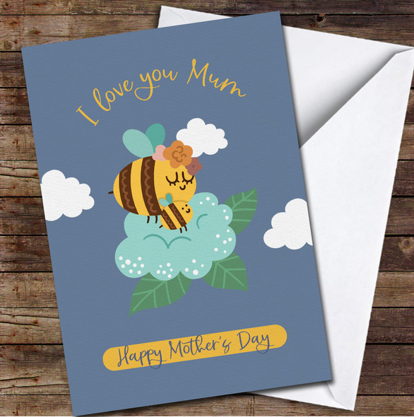 Bee Mum With Baby Blue Personalised Mother's Day Card