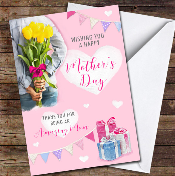 Holding Flowers Painted Pink Personalised Mother's Day Card