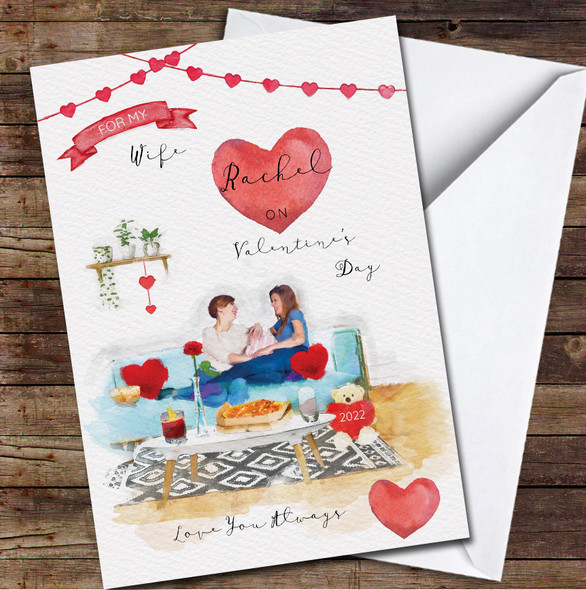 Wife Lesbian Sofa Cosy Indoor Dinner Watercolour Valentine's Day Card