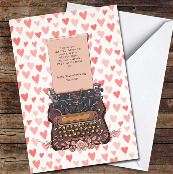 Hand-Drawn Vintage Typewriter With Hearts Personalised Valentine's Day Card