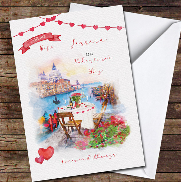 Wife Romantic Dinner Venice Watercolour Personalised Valentine's Day Card