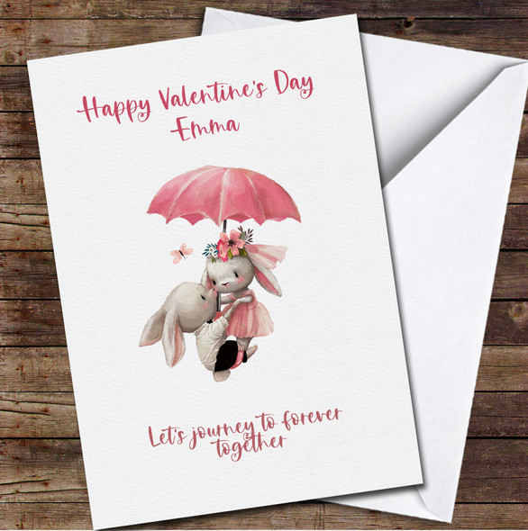 Couple Of Hares Fly With Umbrella Personalised Valentine's Day Card