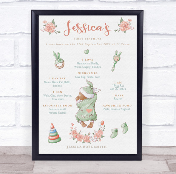 Light Skin 1st Birthday First Year Baby Milestones Achievements Interests Print