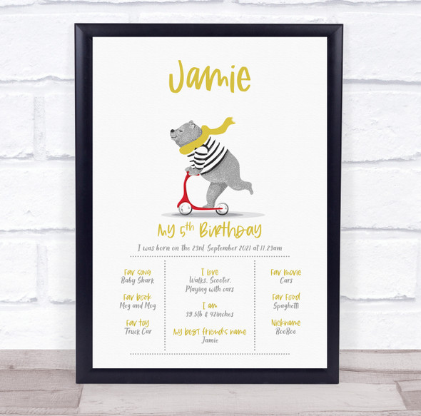 Any Age Birthday Favourite Things Interests Milestones Bear Scooter Gift Print