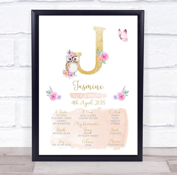 Any Age Birthday Favourite Things Interests Milestones Initial J Gift Print