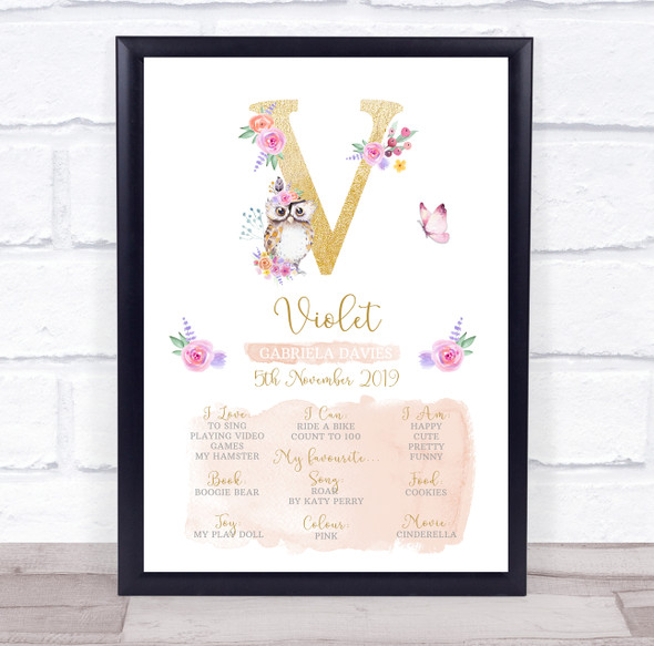Any Age Birthday Favourite Things Interests Milestones Initial V Gift Print