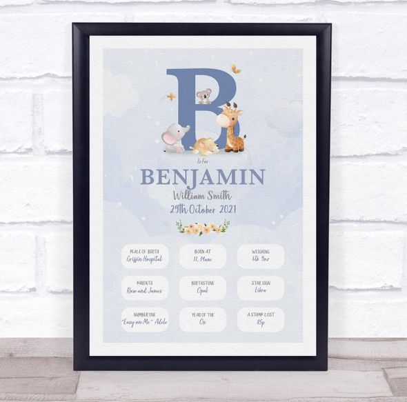 New Baby Birth Details Christening Nursery Blue Initial B Keepsake Gift Print