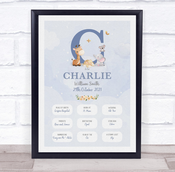 New Baby Birth Details Christening Nursery Blue Initial C Keepsake Gift Print