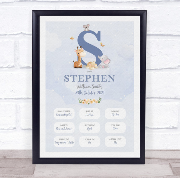 New Baby Birth Details Christening Nursery Blue Initial S Keepsake Gift Print