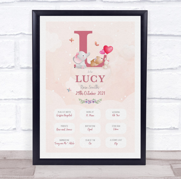 New Baby Birth Details Christening Nursery Pink Initial L Keepsake Gift Print