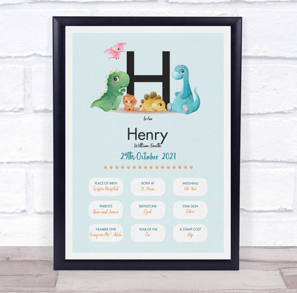 New Baby Birth Details Christening Nursery Dinosaur Initial H Gift Print