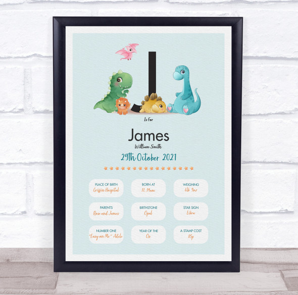 New Baby Birth Details Christening Nursery Dinosaur Initial J Gift Print