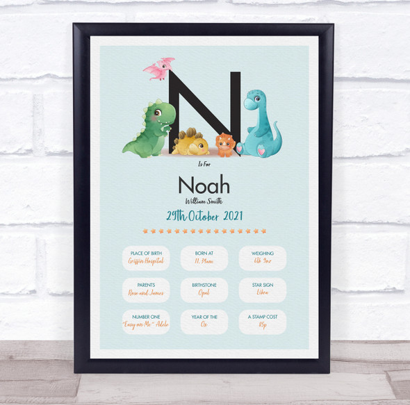 New Baby Birth Details Christening Nursery Dinosaur Initial N Gift Print