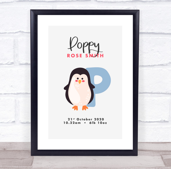 New Baby Birth Details Christening Nursery Initial P Penguin Keepsake Gift Print