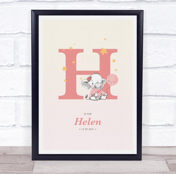 Pink Baby Girl Elephant Initial H Baby Birth Details Nursery Christening Print